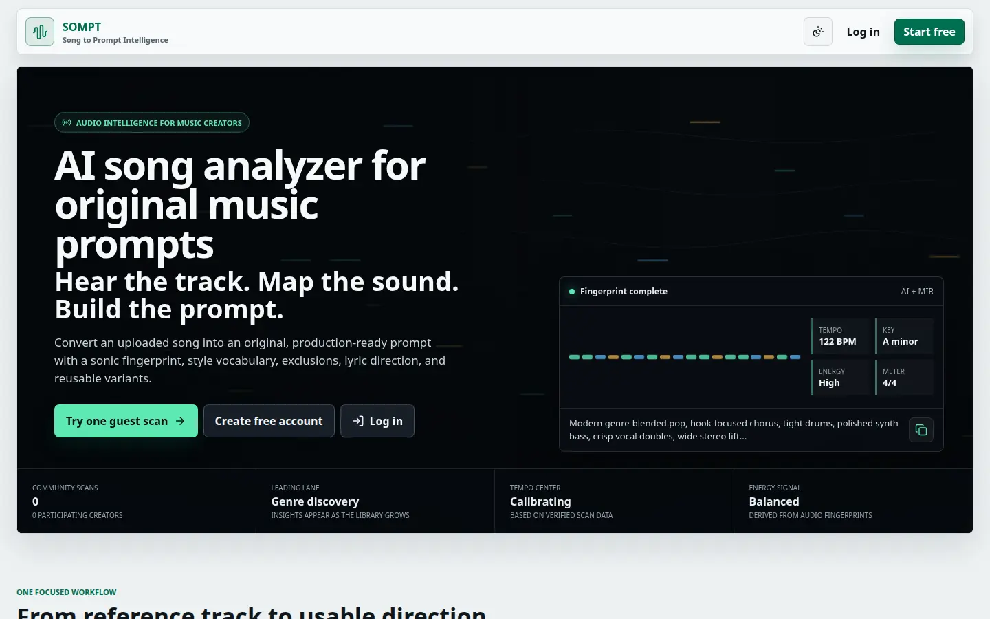Sompt public homepage showing its AI song analysis workflow for music creators