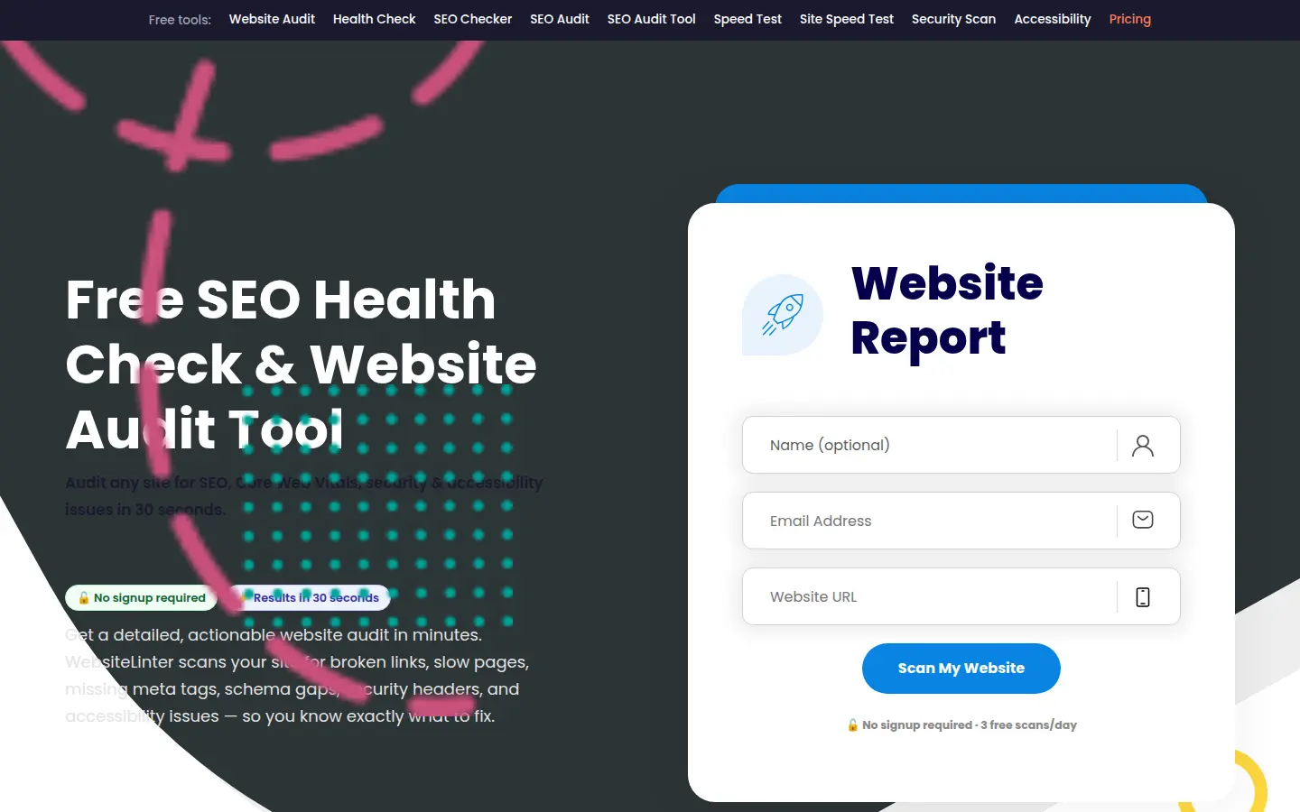 WebsiteLinter public homepage showing its free SEO health check and website audit workflow